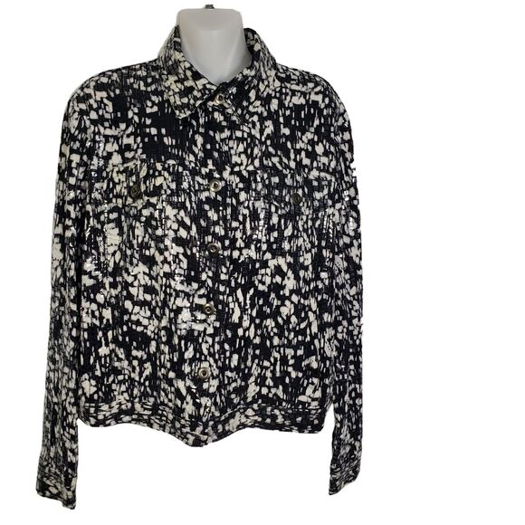 Notations Womens Jacket Medium Black White Button Embellished Pockets Textured - Picture 1 of 11